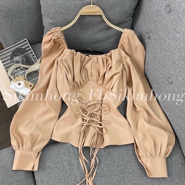 Áo kiểu tay phồng dài đan dây eo( Ảnh shop chụp thật 100%)