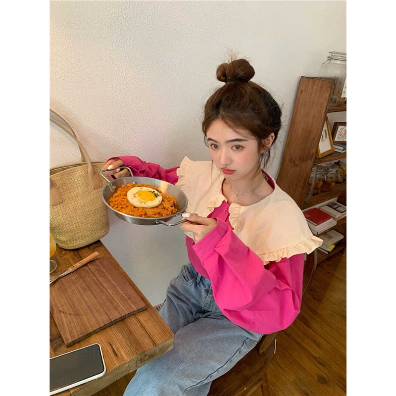 Áo sơ mi cổ búp bê phối bèo dáng rộng màu tương phản phong cách Hàn Quốc thời trang mùa thu cho nữ