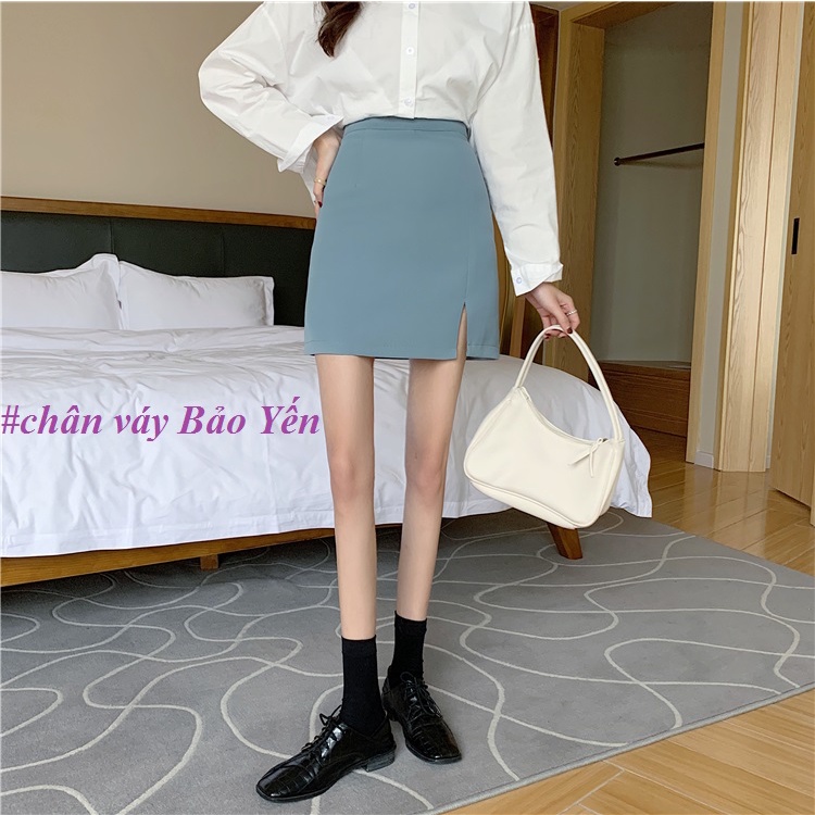 Chân váy ngắn xẻ tà màu xanh ghi đá(có quân chống lộ) - M3X