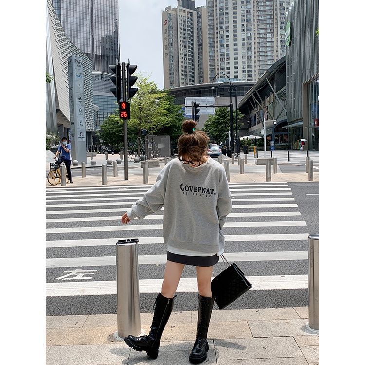 Áo Sweater Xám Dáng Rộng Dài Ngang Gối Vải Cotton Thêu Họa Tiết Kiểu Retro Mỹ Xinh Xắn Cho Bạn Gái