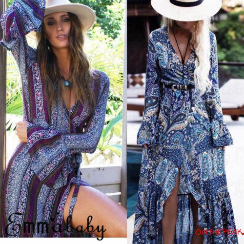 Đầm maxi chiffon dài tay xẻ tà trước phong cách Boho