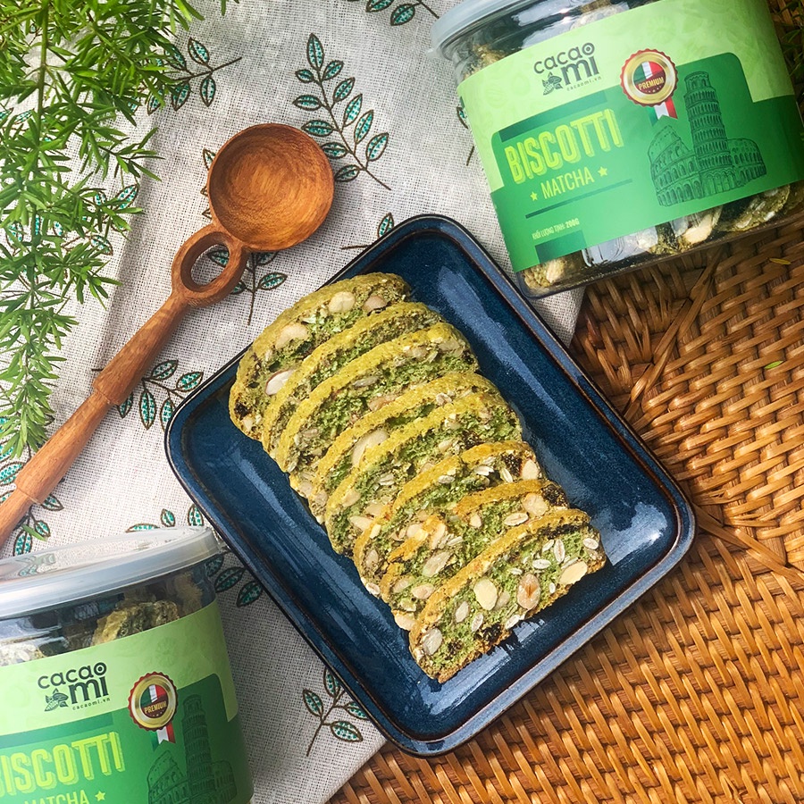 Bánh BISCOTTI Matcha Trà Xanh CACAOMI siêu hạt dinh dưỡng, hỗ trợ giảm cân ăn kiêng Eat Clean, Keto, Lowcarb hũ 200g