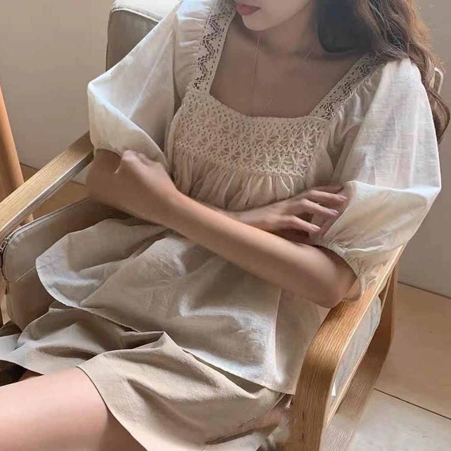 Set Đũi Ren Be Cổ Vuông Bộ Nữ Viền Ren Xinh Xắn | BigBuy360 - bigbuy360.vn