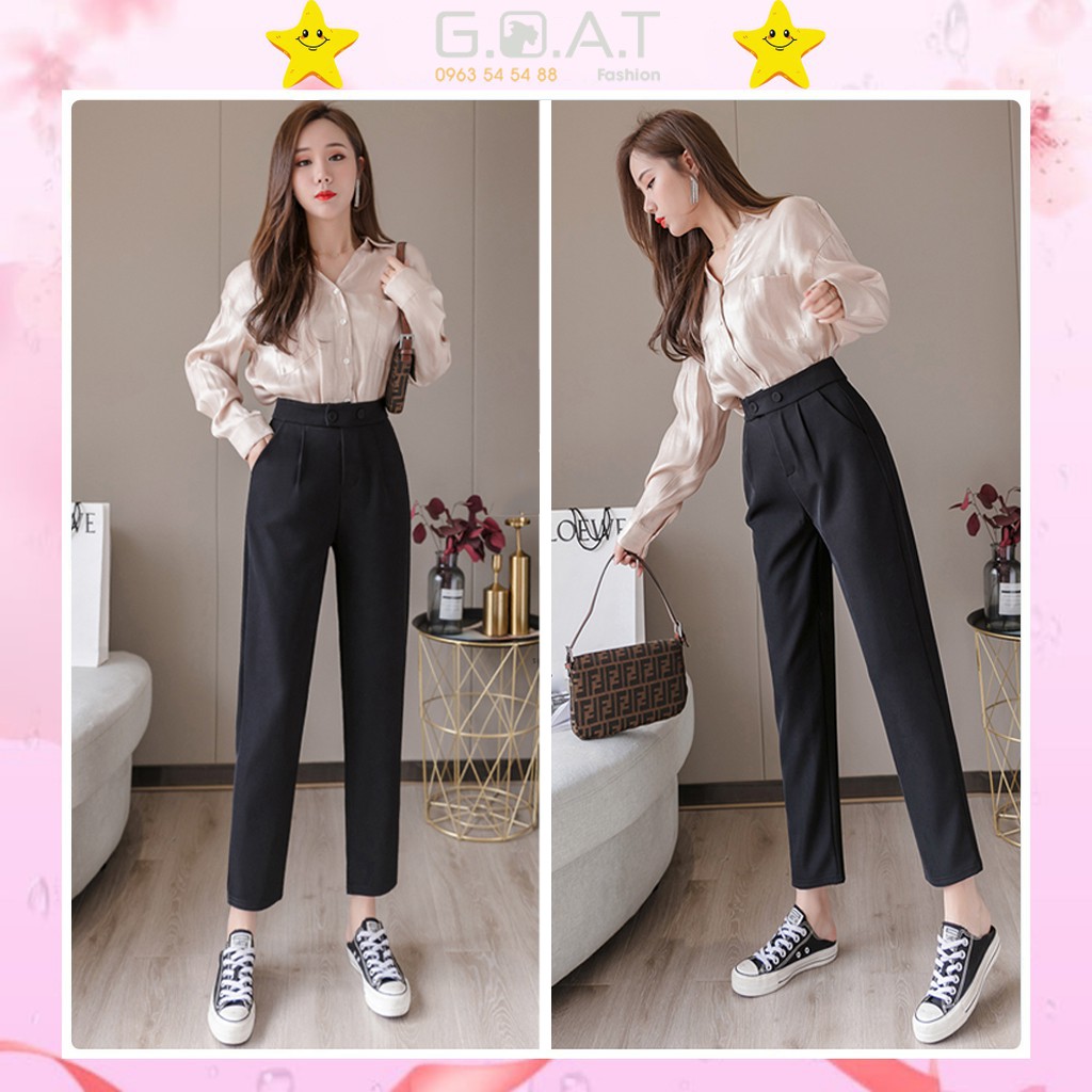 Quần Baggy nữ công sở cạp lưng cao - chất vải tuyết mưa màu đen - phối 2 cúc bấm - Form chuẩn đi làm đi chơi cực thích
