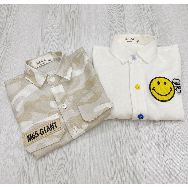 ÁO SƠ MI CHO BÉ, ÁO SƠ MI LINEN STICKER MẶT CƯỜI CHO BÉ TRAI SIZE TỪ 9KG ĐẾN 20KG