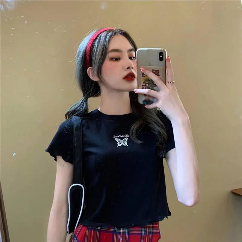 Áo Thun Croptop Thêu Họa Tiết Bướm Dễ Thương Thời Trang Mùa Hè Cho Nữ