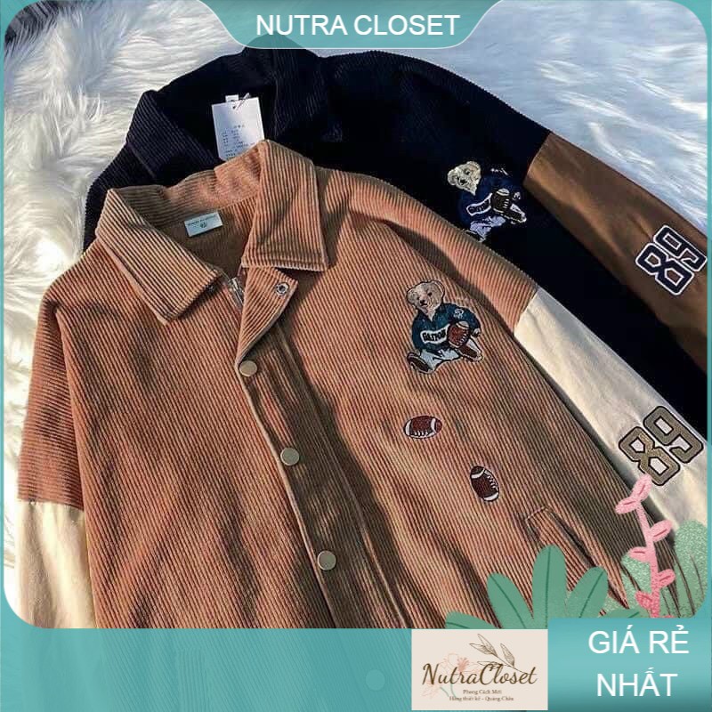 Áo khoác kaki nhung gân thêu gấu unisex ulzzang nam nữ