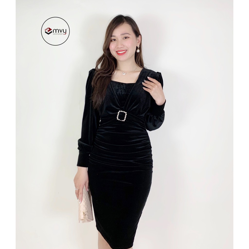 Đầm body nhung tuyết đai eo dài tay Emvy - K5 | BigBuy360 - bigbuy360.vn