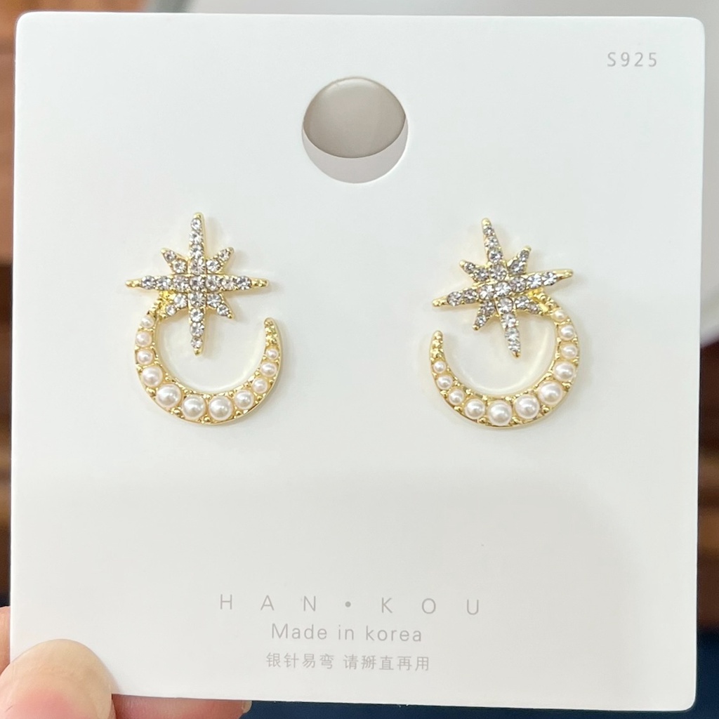 Bông tai bạc S925 Hoa tai kiểu dáng mặt trăng và ngôi sao không gây dị ứng da thời trang Hàn Quốc, Lemi accessories