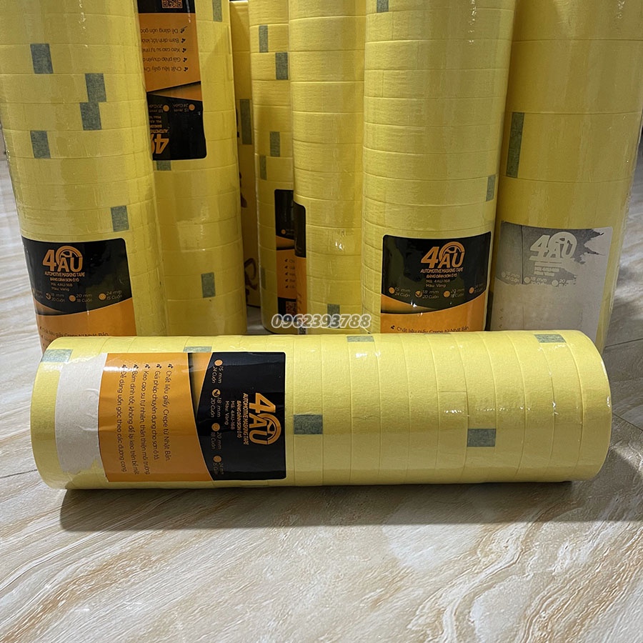 4AU băng keo giấy che sơn ô tô, màu vàng. Kích thước 18mm x 25m, 24mm x 25m, 48mm x 25m