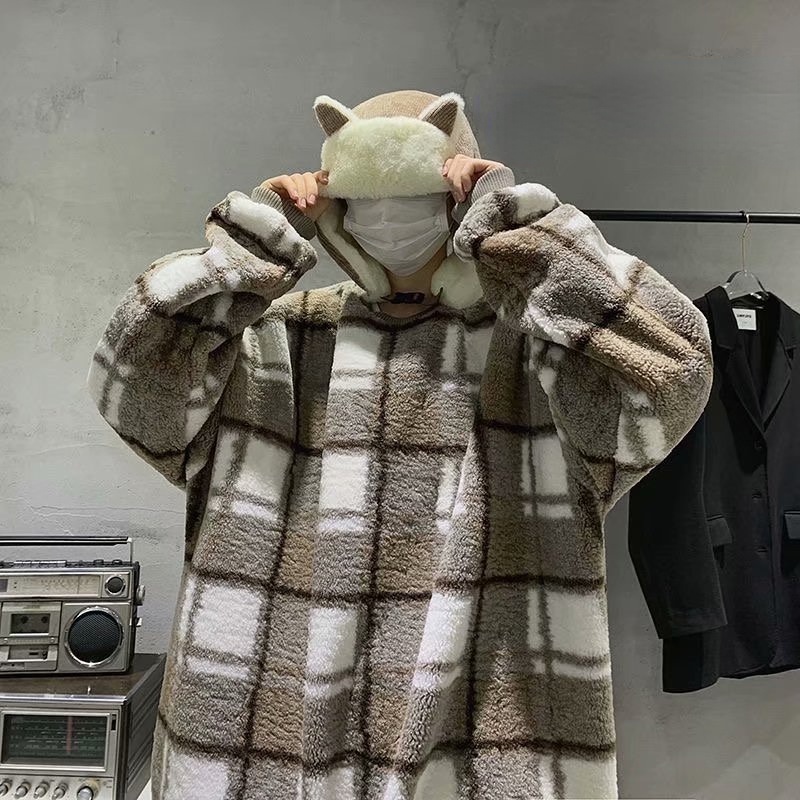 Áo sweater lông cừu dáng rộng tay dài cổ tròn họa tiết caro phong cách Hàn Quốc thời trang mùa thu cho nam