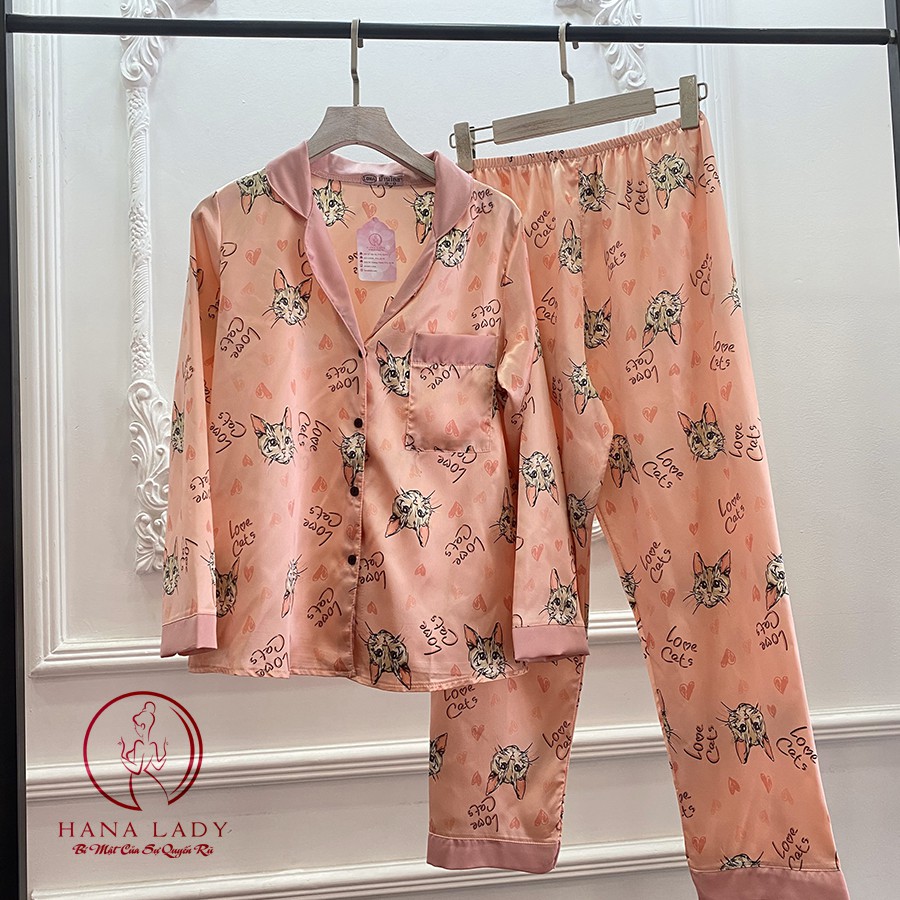 Pijama Lụa Tay Dài,Họa Tiết Mèo PJ291