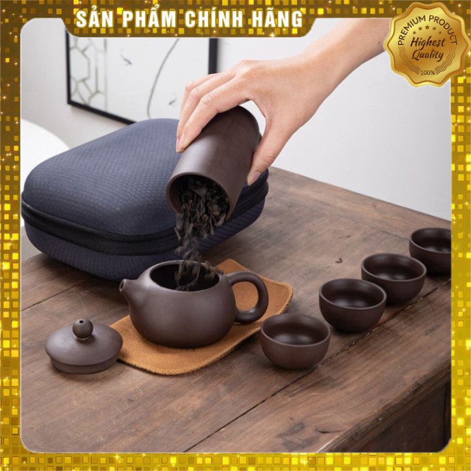 BỘ ẤM TRÀ TỬ SA MÀU NÂU 4 CHÉN CHUYÊN DÙNG XÁCH TAY, ĐI DU LỊCH, DÃ NGOẠI cam kết hàng đẹp