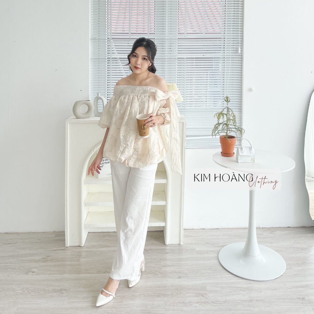 [Mã SKAMFSW175 giảm 10K đơn 50K] Áo gấm lệch vai thêu hoa buộc nơ Kim Hoàng Clothing | BigBuy360 - bigbuy360.vn