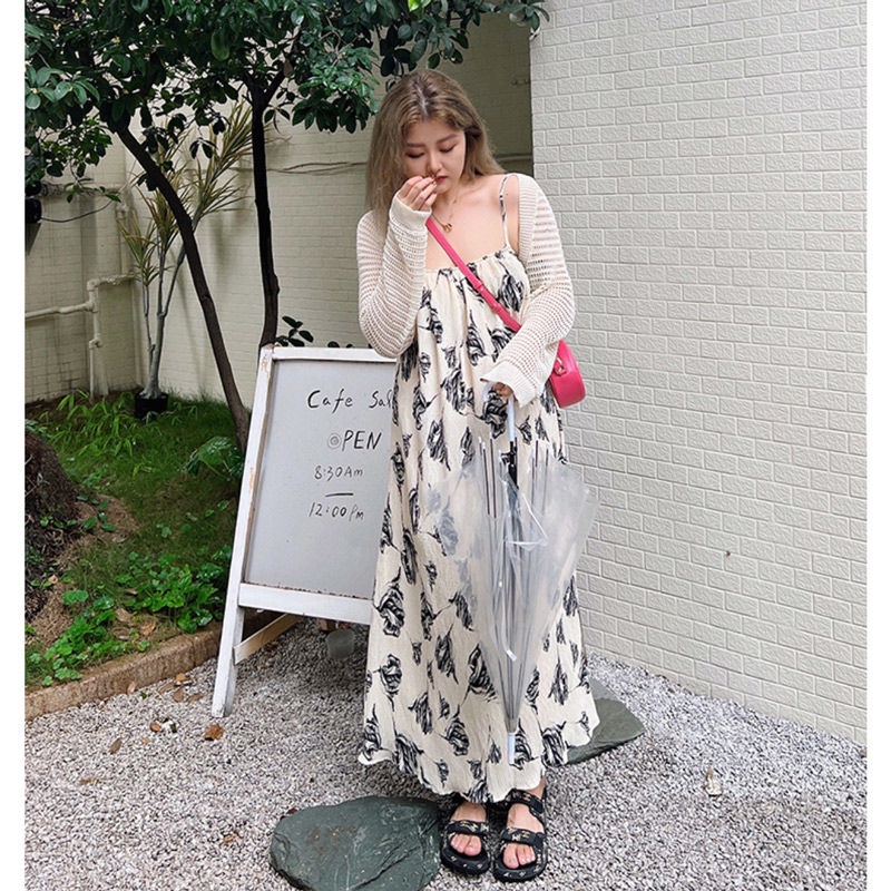 Vqay Xu Ng Đầm Hai Dây Dáng Rộng In Họa Tiết Mực In Phong Cách Retro Thanh Lịch Mùa Hè Kích Thước Lớn Cho Nữ