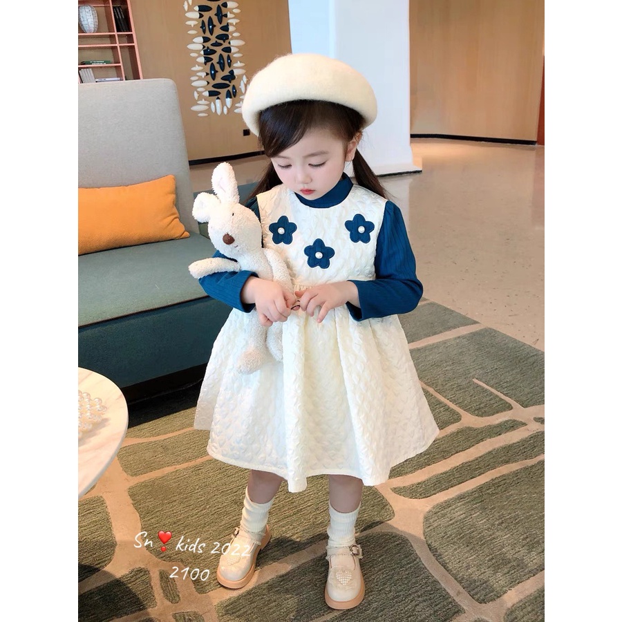Váy thu đông cho bé gái, set váy xốp thêu 3 bông hoa kèm áo zip xanh chất siêu đẹp cho bé
