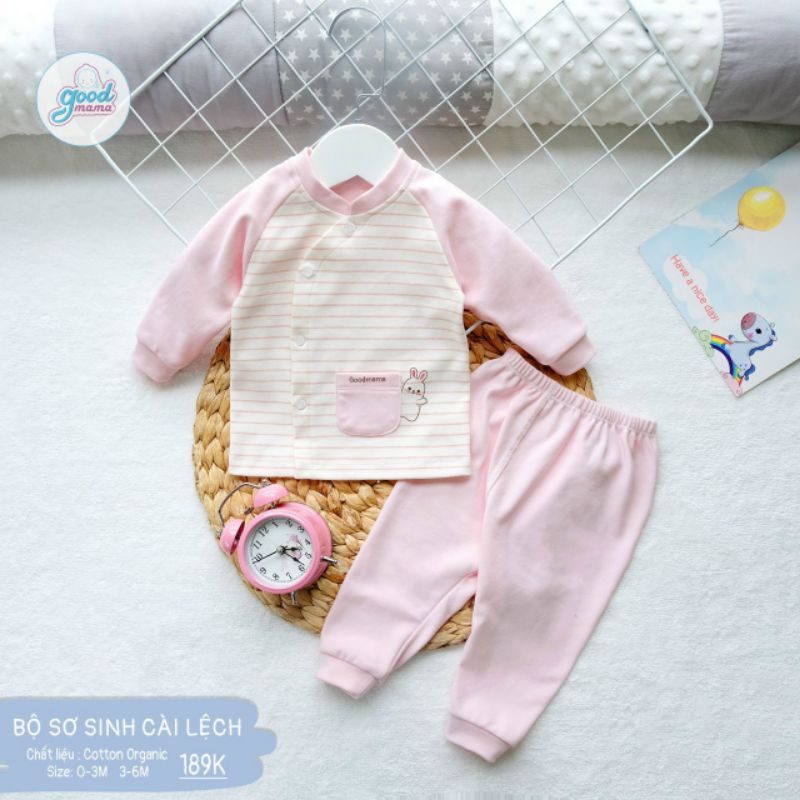Goodmama - Bộ kẻ nỉ nhung sơ sinh cài lệch cho bé 3-7kg