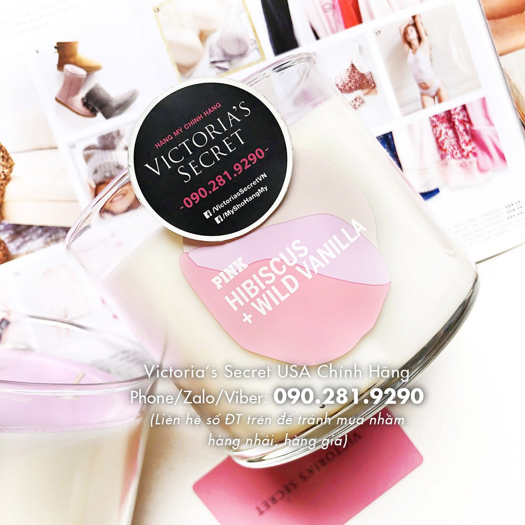 Nến thơm cao cấp 3 tim Hibiscus + Wild Vanilla hương hoa dâm bụt, vani hoang dã - PINK, Victoria's Secret