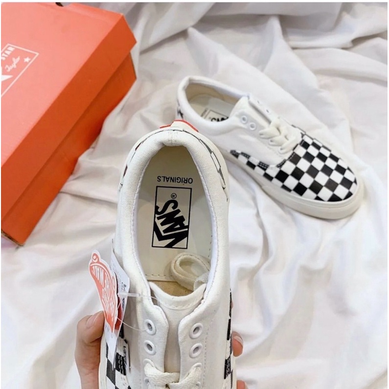 Giày 𝐕𝐀𝐍𝐒 Caro Buộc Dây Viền Trắng, Giày Thể Thao 𝐕𝐀𝐍𝐒 Đen Old Skool Nam Nữ Full Bill Hot Nhất 2022