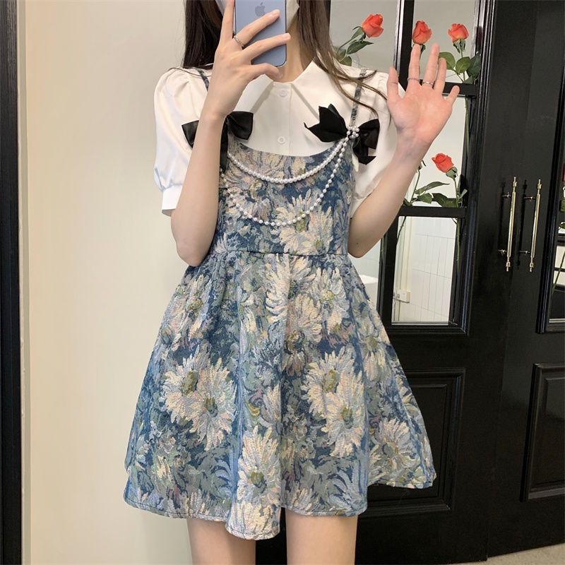 Set Áo Sơ Mi Ngắn Tay + Đầm Hai Dây Họa Tiết Hoa Thời Trang Hàn Quốc Cho Nữ