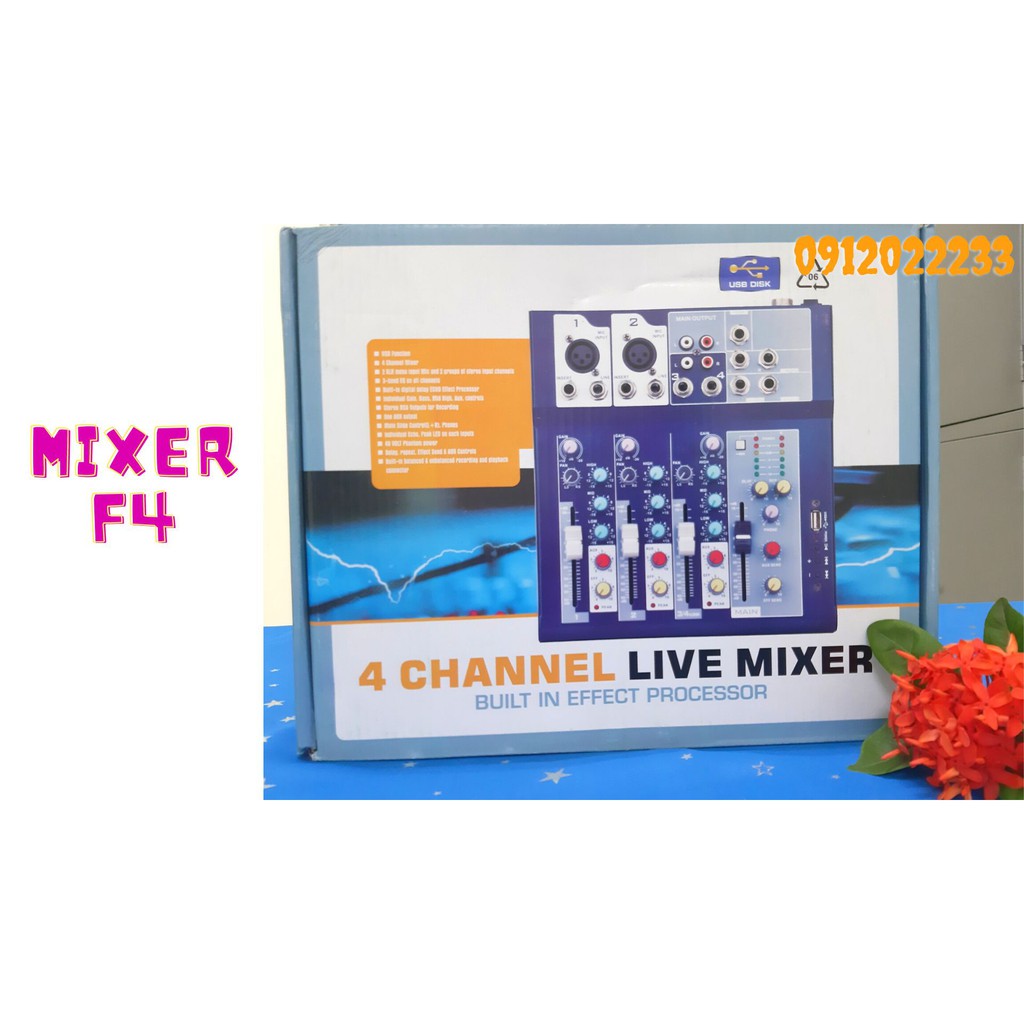 Mixer F4 chính hãng - BỘ CHỘN ÂM THANH MIXER F4 USB CÓ BLUETOOTH karaoke gia đình, livestream fb, bigo, tiktok