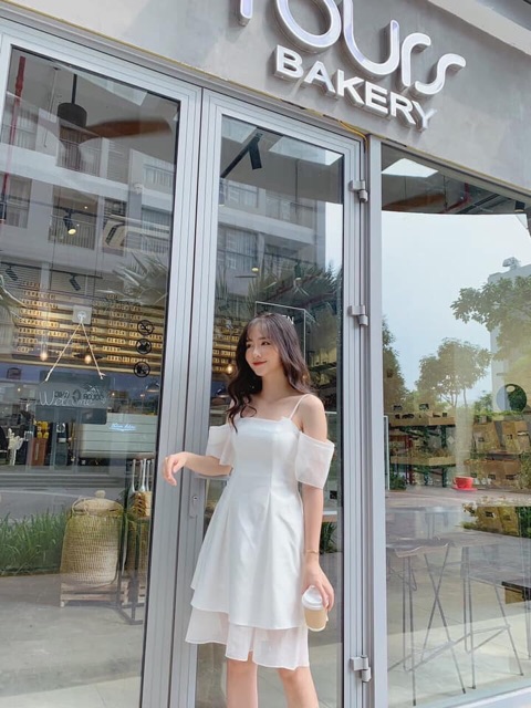 Đầm tiểu thư BlaPInk thiết kế 2 dây phối tay voan trắng -Kylie