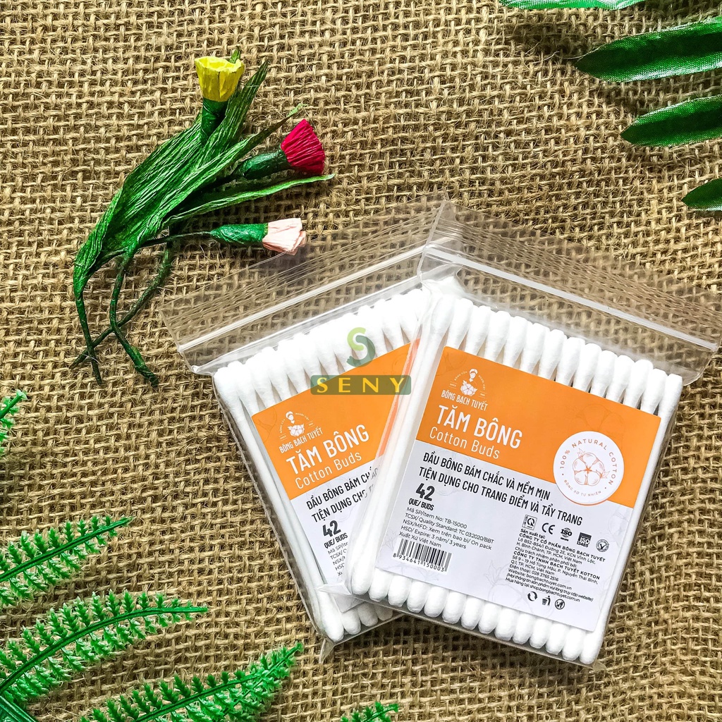 Tăm bông người lớn túi 42 que Bông Bạch Tuyết mềm mịn tiện dụng cho vệ sinh tai và trang điểm