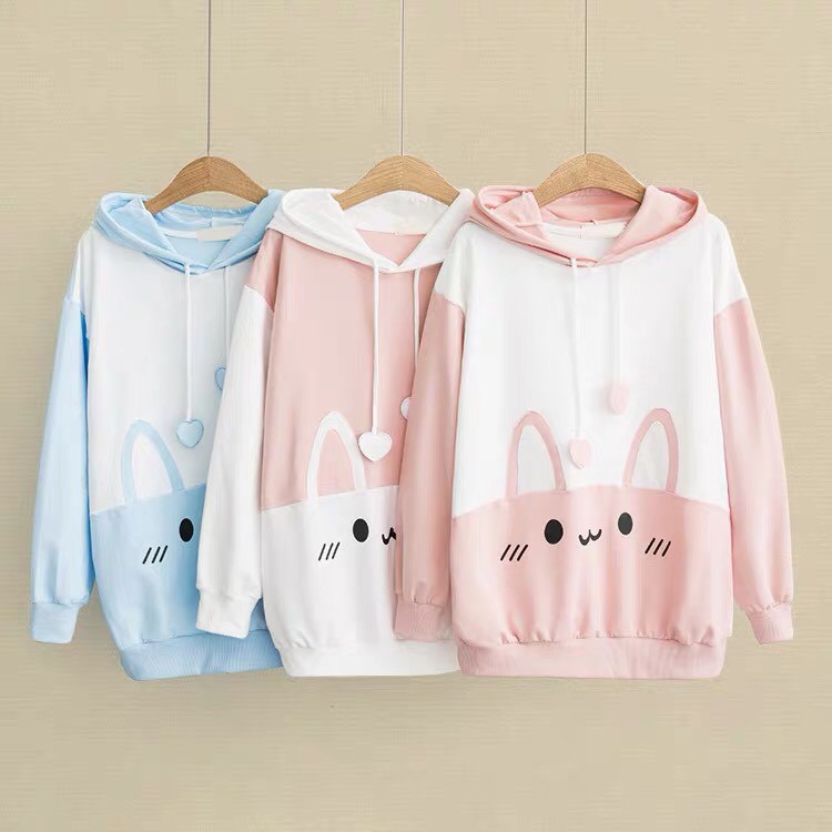 Áo Hoodie Nữ Chất Vải Nỉ Poly Hàng Freesize 1 Cỡ Form Dáng Rộng Dưới 65kg Mặc Vừa (THỎ TRÁI TIM)