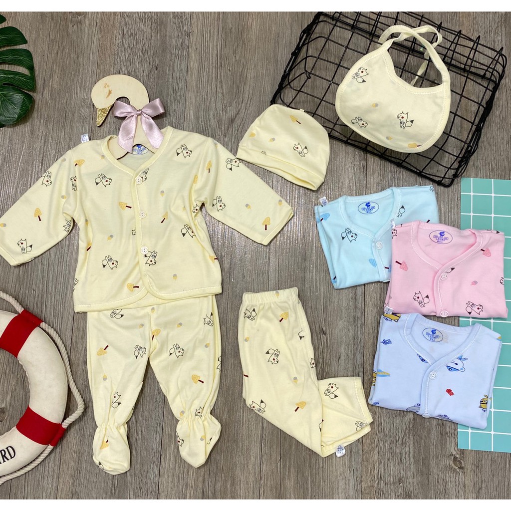 Set 5 món đồ quần áo dài cho bé sơ sinh 0-3 tháng 100% cotton nguyên chất hàng xuất Hàn cao cấp