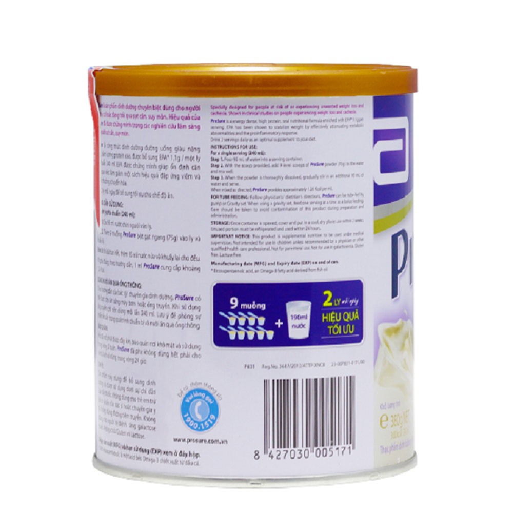 Sữa Bột Prosure Hương Vani Hộp Thiếc 380g Dành Cho Người Ung Thư