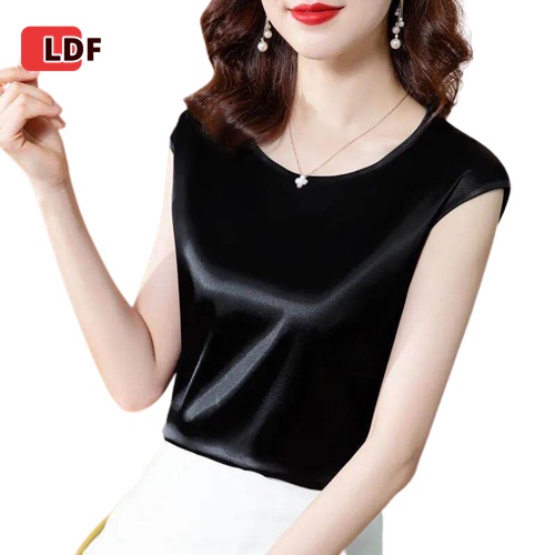 Áo Thun Sát Nách Cổ Tròn Dáng Rộng Vải Lụa Satin Thời Trang Cho Bạn Gái