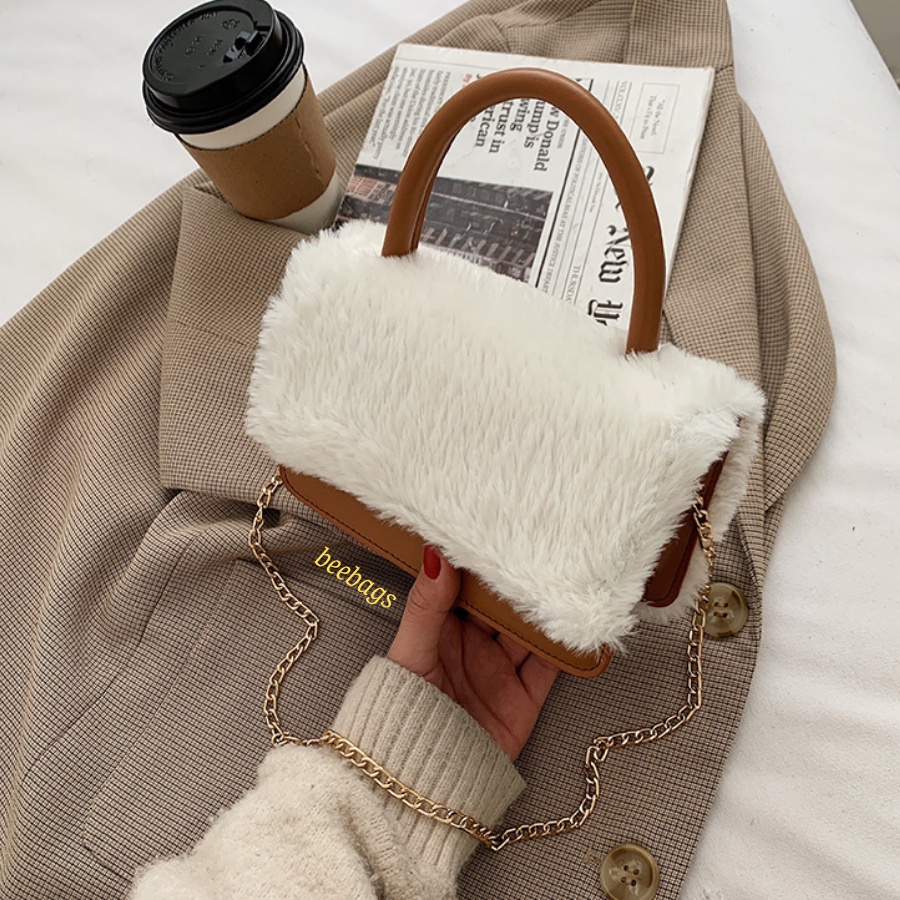 Túi Da Phối Lông Nữ Cầm Tay Dây Xích Sang Chảnh Phù Hợp Mọi Outfit | LC08 | Túi Nâu Kết Hợp Lông Sang Trọng Đi Chơi
