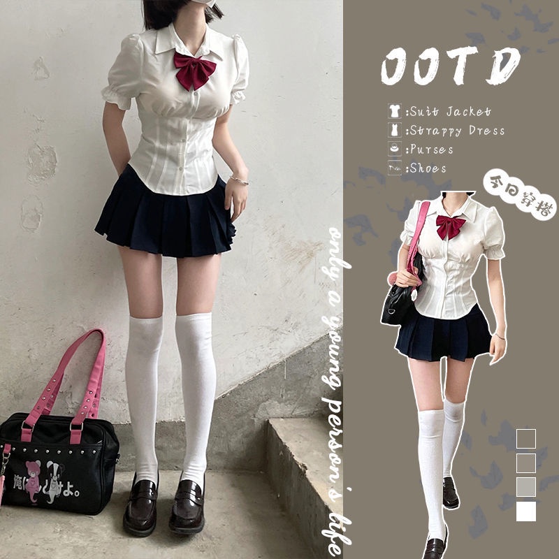 Bộ Áo Tay Phồng + Chân Váy Xếp Ly Lưng Cao Thời Trang Mùa Hè Phong Cách Preppy 2022 Mới