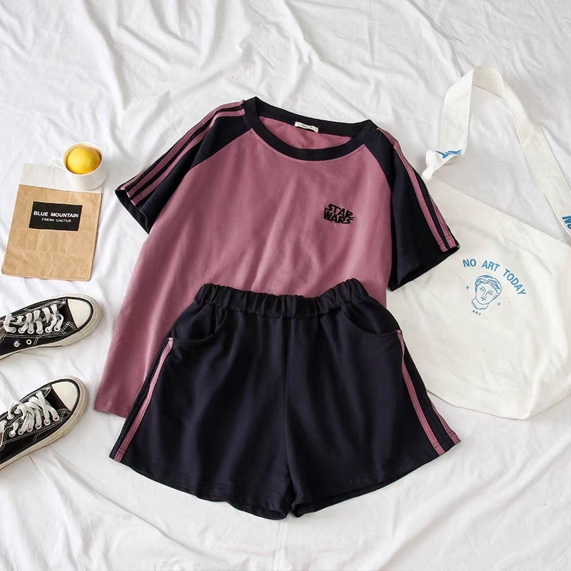 Set áo thun quần lửng thể thao phối kẻ sọc tay