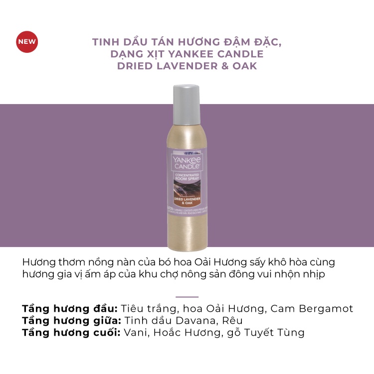 [Mã LIFEM1 giảm 50k đơn 99k] Tinh dầu tán hương đậm đặc dạng xịt Yankee Candle - Dried Lavender &amp; Oak (42.5g)