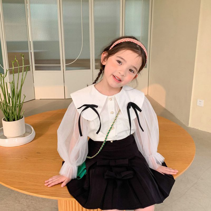 Áo Sơ Mi Trắng Cổ Búp Bê Đính Nơ Xinh Xắn Cho Bé Gái