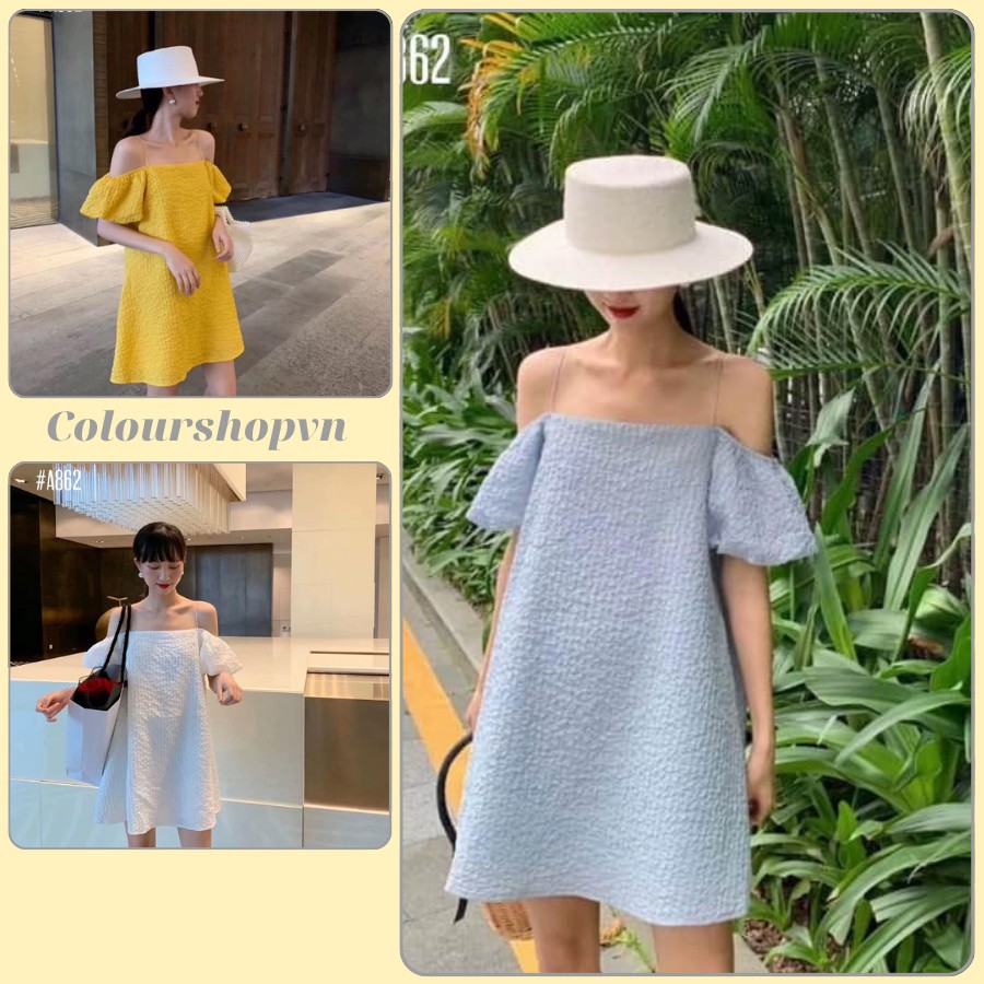 Đầm babydoll đầm 2 dây dáng suông tay phồng freesize màu xanh trắng vàng