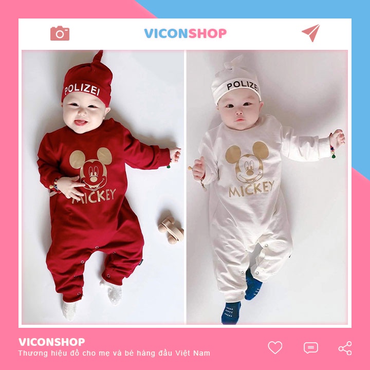 Quần Áo Trẻ Em Sơ Sinh Body Mickey Dài Tay Kèm Mũ Cho Bé Trai Bé Gái Chất Cotton [BDD19]