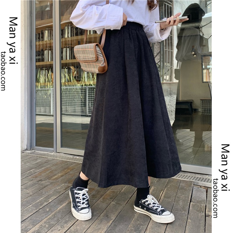 Chân Váy Chữ A Lưng Cao Màu Đen Phong Cách Retro Hàn Quốc Cho Nữ