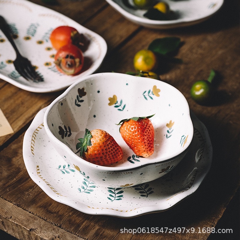 Sẵn Bộ chén bát đĩa sứ men tiêu họa tiết cành hoa phong cách vintage cổ điển bếp ấm cúng