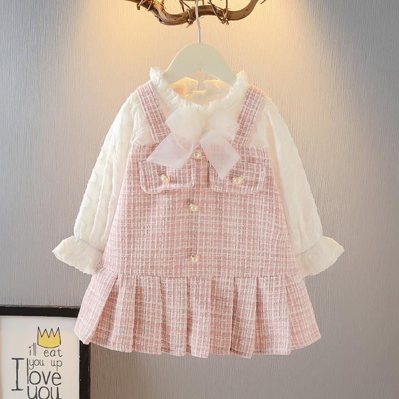 Váy thu đông bé gái size 10-20kg chất dạ kẻ phối nơ đuôi cá siêu đẹp VT50