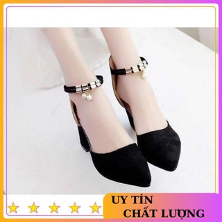 [ HÀNG CAO CẤP Giày gót vuông bít mũi vòng cổ hạt phối lắc hạt châu sang trọng.