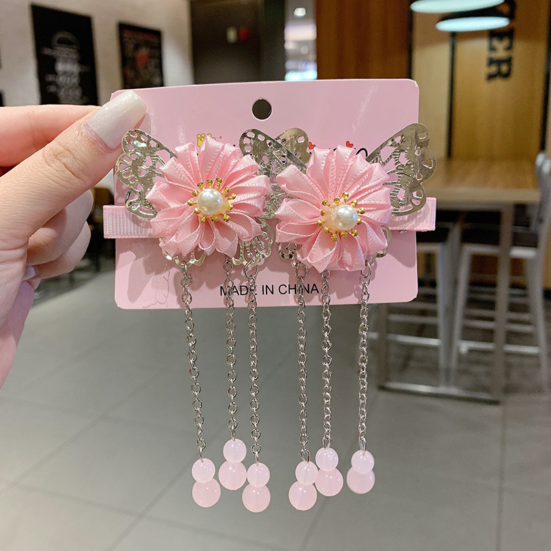 Cặp Kẹp Tóc Đính Nơ Tua Rua Phong Cách Cổ Điển Xinh Xắn