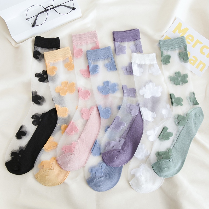 Vớ Cổ Vừa Thoáng Khí Bằng Lụa Mỏng Đính Hoa Pha Lê Thời Trang Mùa Hè WAFNHA D738 Cho Nữ