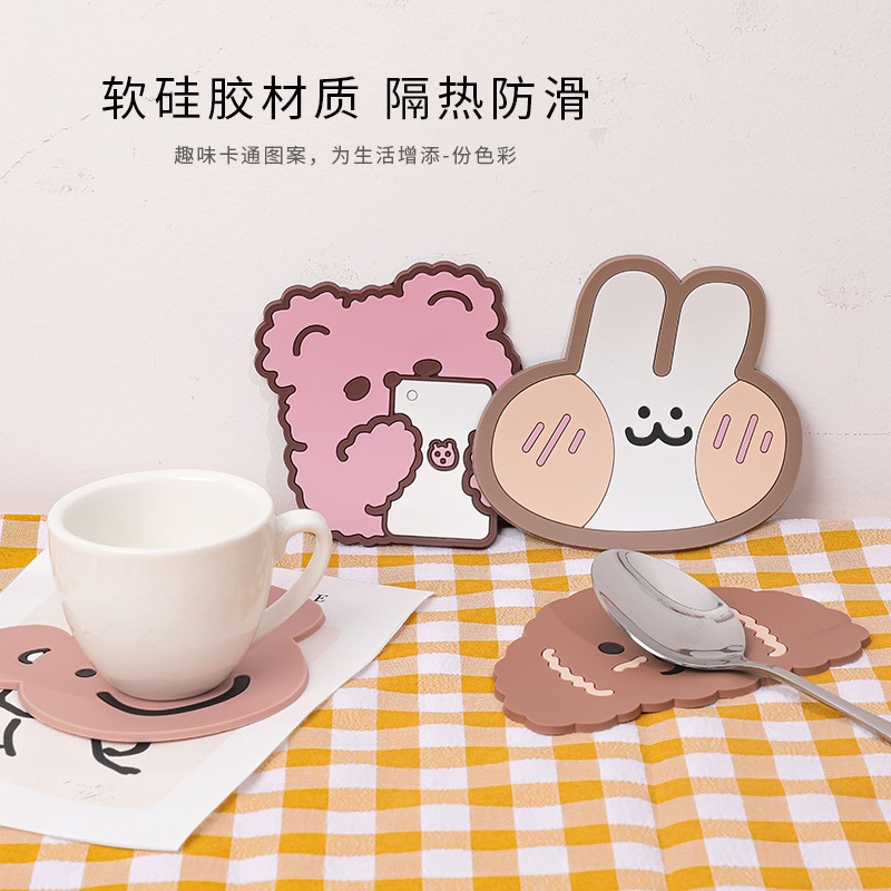 Đế Lót Ly Nước Bằng Silicon Dày Chống Trượt Hình Thỏ / Gấu Hoạt Hình Dễ Thương Sáng Tạo