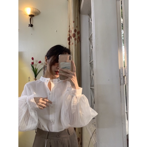 CÓ SẴN Áo sơ mi tay bồng cổ bèo cách điệu sang chảnh 07 _ kèm ảnh thật