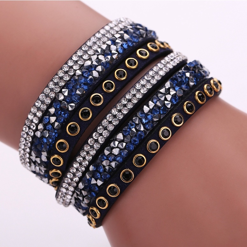 Vòng Tay Da Nhiều Lớp Đính Đá Pha Lê Phong Cách Punk