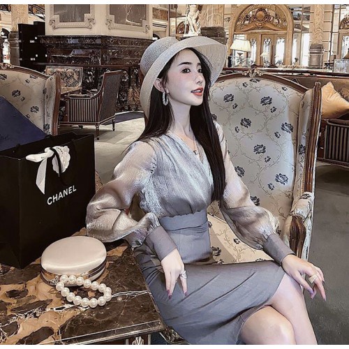 Đầm Ôm Phối Kiếng Tay Phồng Màu Xám - Váy Công Sở Đẹp Cao Cấp - Đâm Ôm Sang Trọng