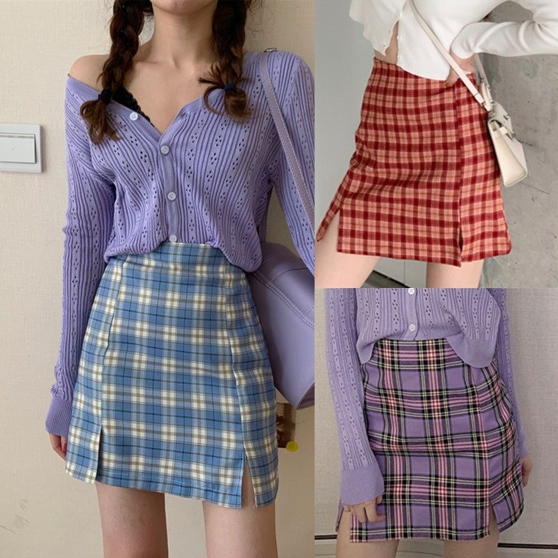 Chân váy midi cotton lưng cao xếp ly kẻ sọc caro phong cách Hàn Quốc thời trang cho nữ