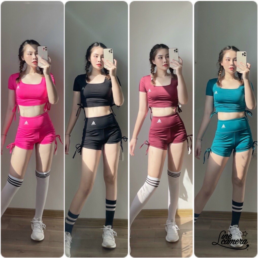 Set bộ đùi thể thao tập gym yoga nữ áo crop quần đùi dây rút Bin Sports BN028